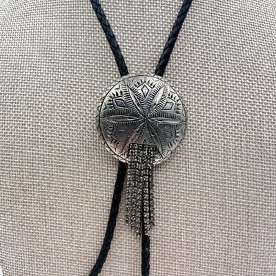 Vintage Y2K Silver Tone Clear Rhinestone Fringe Bolo Tie Cowgirl Jewelry - Thumbnail 6