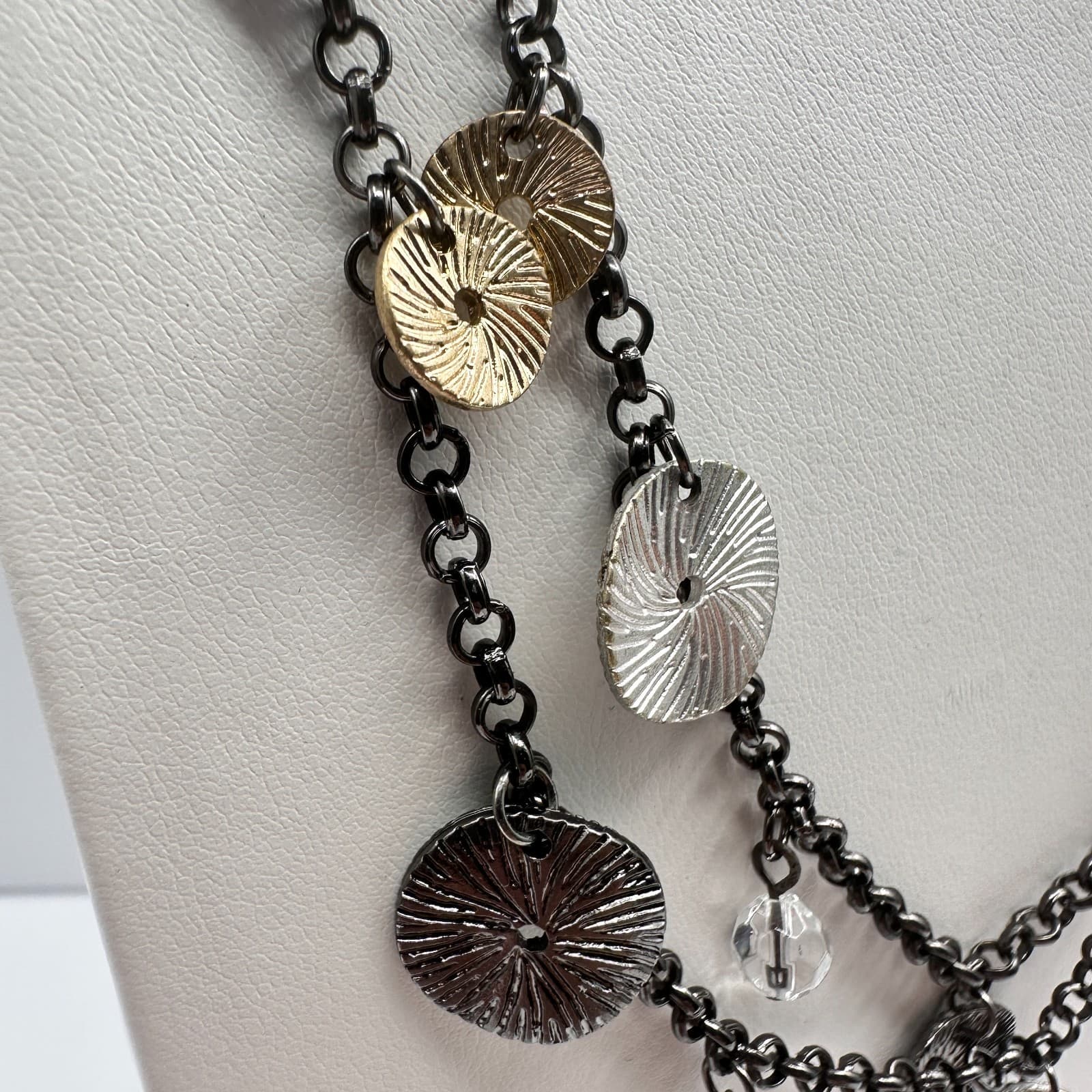 Vintage 90s Multi Strand Clear Beaded Glass Disc Necklace Boho Women's Jewelry - Thumbnail 4