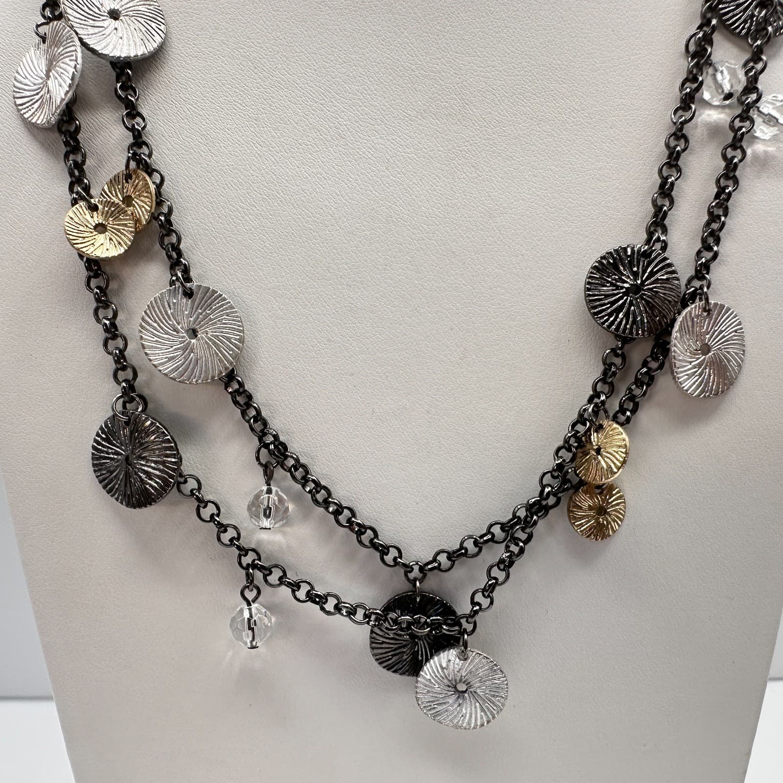Vintage 90s Multi Strand Clear Beaded Glass Disc Necklace Boho Women's Jewelry - Thumbnail 7