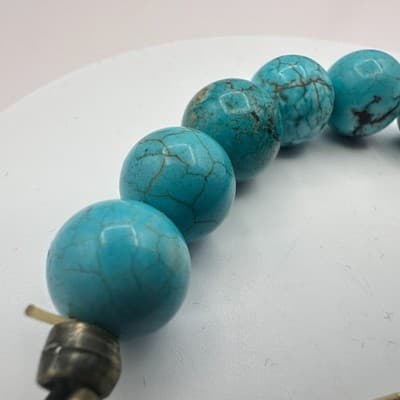 Vintage 80s Bronze Tone Mother ID Bracelet Blue Turquoise Beads Boho Jewelry - Thumbnail 5