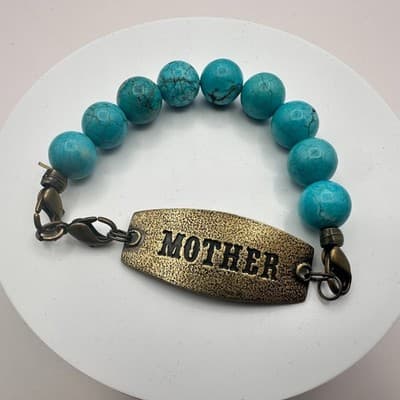 Vintage 80s Bronze Tone Mother ID Bracelet Blue Turquoise Beads Boho Jewelry - Thumbnail 2