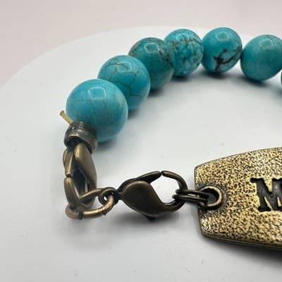 Vintage 80s Bronze Tone Mother ID Bracelet Blue Turquoise Beads Boho Jewelry - Thumbnail 4