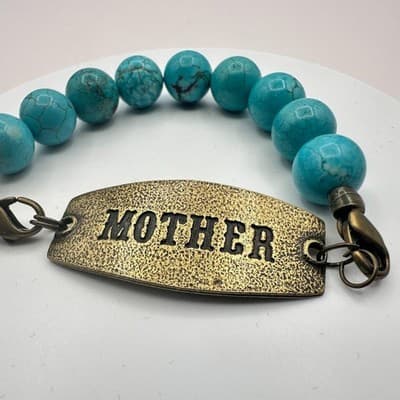 Vintage 80s Bronze Tone Mother ID Bracelet Blue Turquoise Beads Boho Jewelry - Thumbnail 3