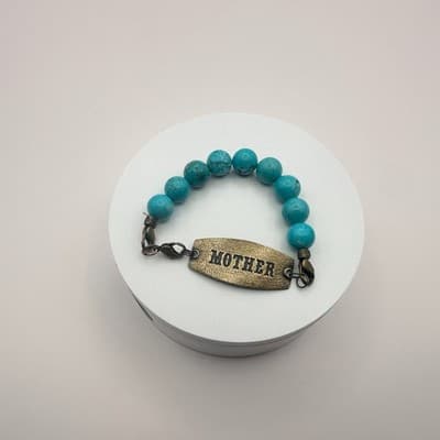 Vintage 80s Bronze Tone Mother ID Bracelet Blue Turquoise Beads Boho Jewelry - Thumbnail 6