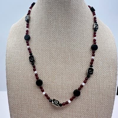 Vintage Y2K Red Black Beaded Necklace Silver Tone Accents Boho Style Jewelry - Thumbnail 7