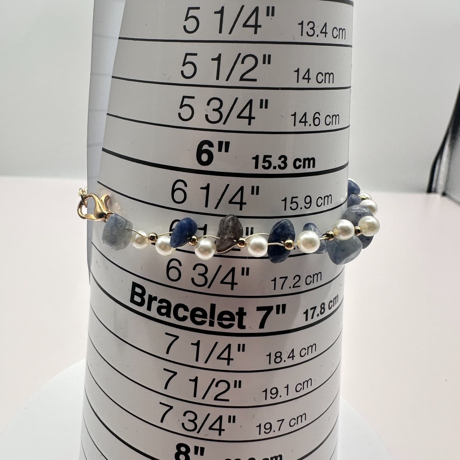 Vintage 90s Blue Sodalite Chip Faux Pearl Beaded Bracelet Statement Jewelry - Thumbnail 9