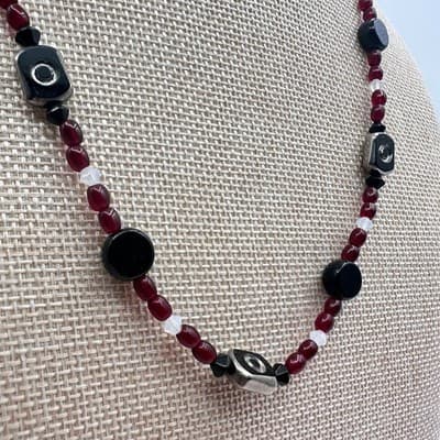 Vintage Y2K Red Black Beaded Necklace Silver Tone Accents Boho Style Jewelry - Thumbnail 4