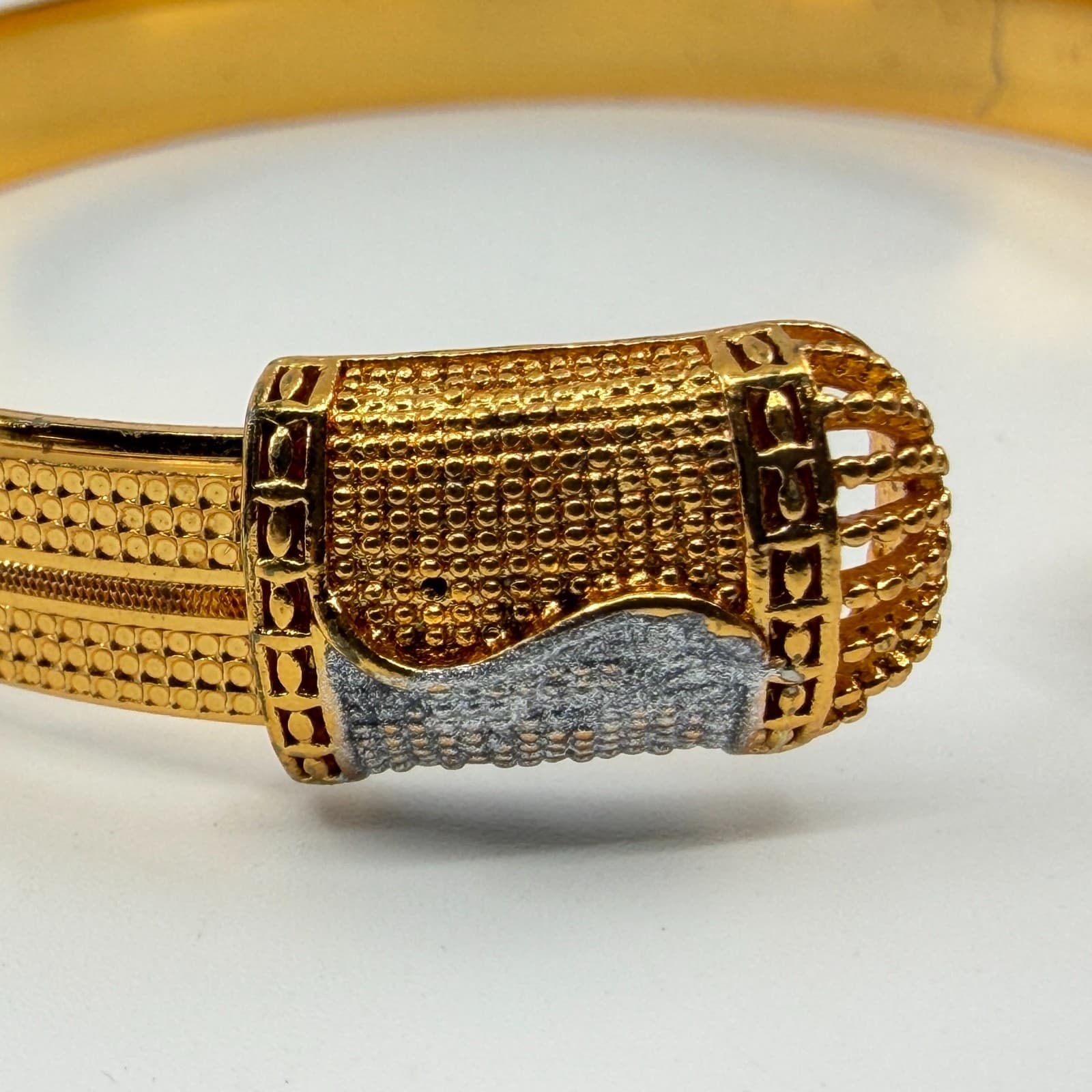 Elegant Gold Tone Cuff Bracelet Textured Band with Two-Tone Accent Open Design - Thumbnail 4