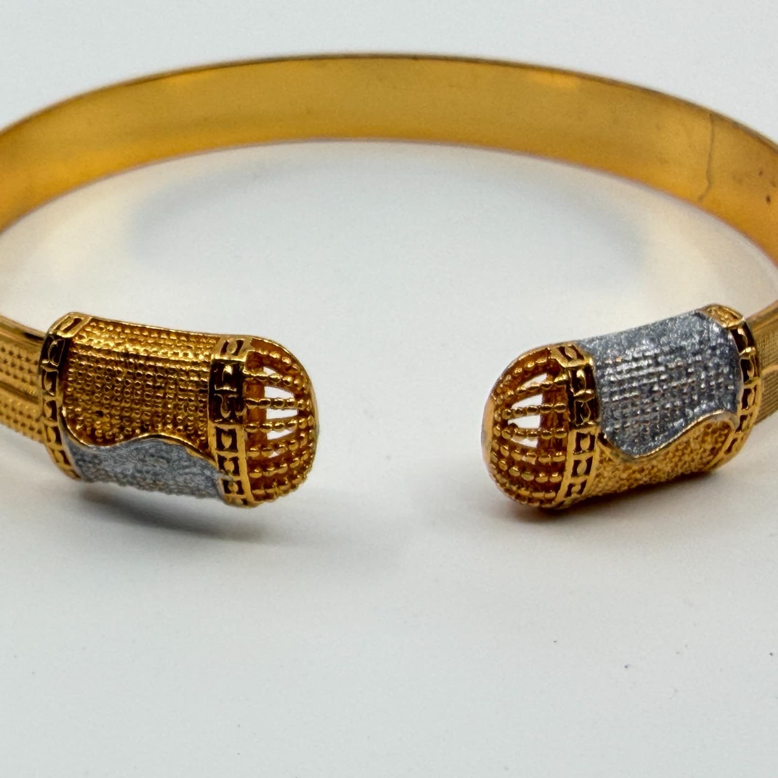 Elegant Gold Tone Cuff Bracelet Textured Band with Two-Tone Accent Open Design - Thumbnail 3