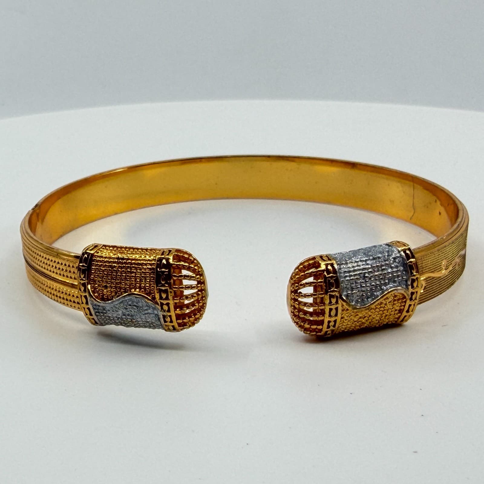 Elegant Gold Tone Cuff Bracelet Textured Band with Two-Tone Accent Open Design - Thumbnail 2