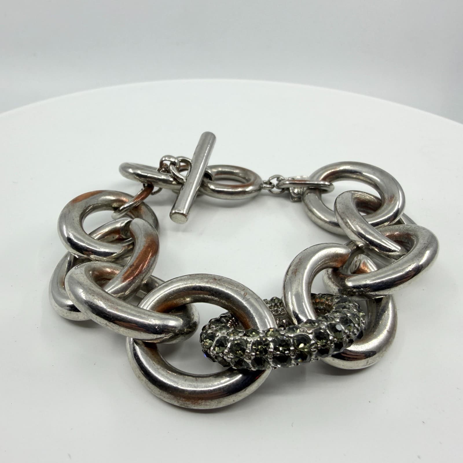 Chunky Silver Tone Link Bracelet with Crystal Encrusted Accent Statement Jewelry - Thumbnail 3