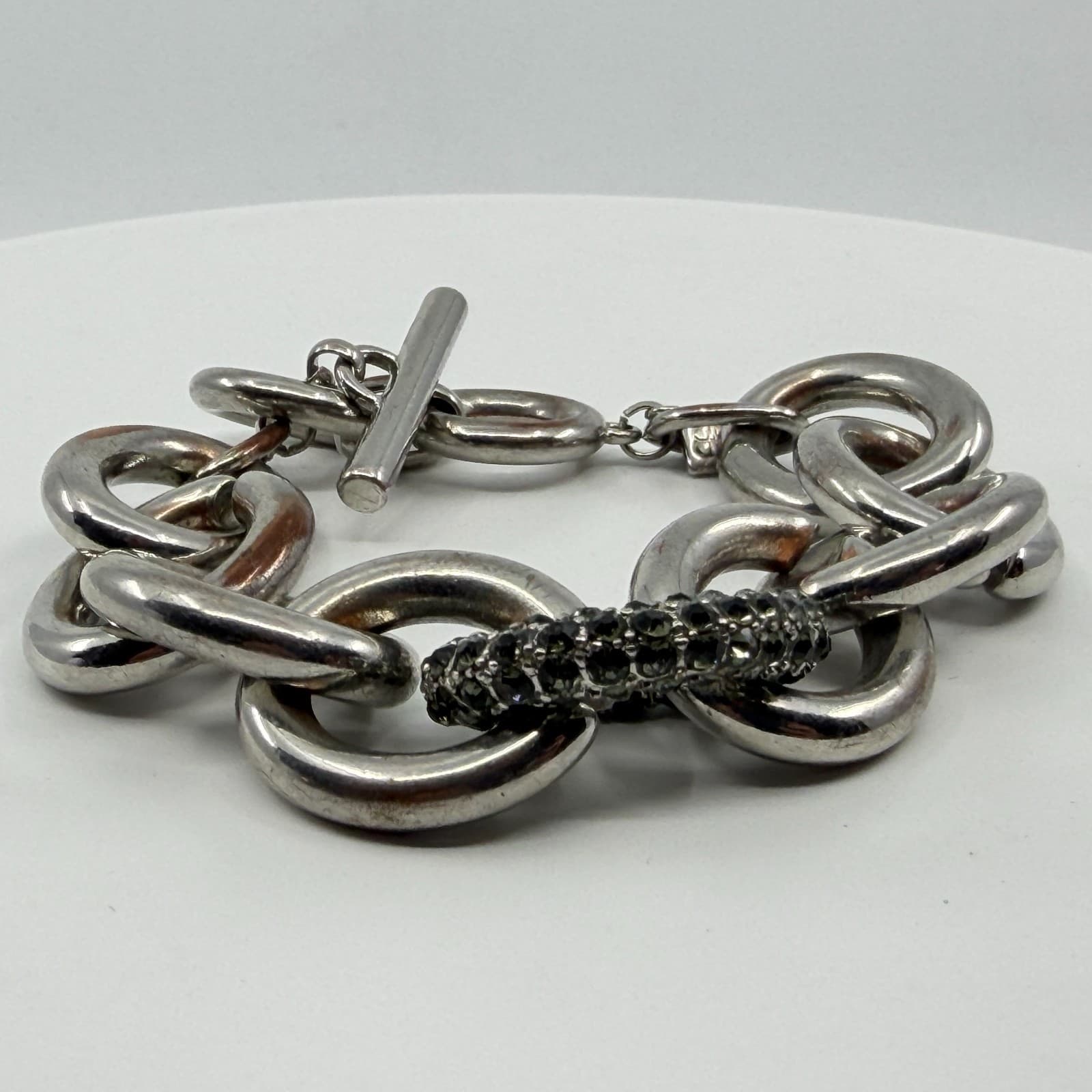 Chunky Silver Tone Link Bracelet with Crystal Encrusted Accent Statement Jewelry - Thumbnail 5