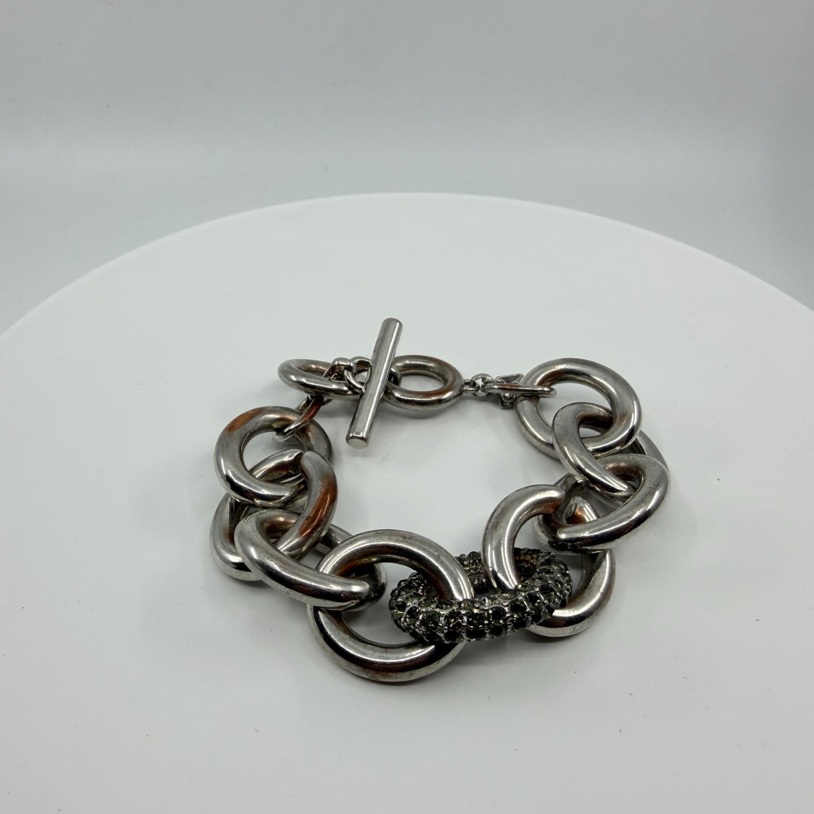 Chunky Silver Tone Link Bracelet with Crystal Encrusted Accent Statement Jewelry - Thumbnail 4
