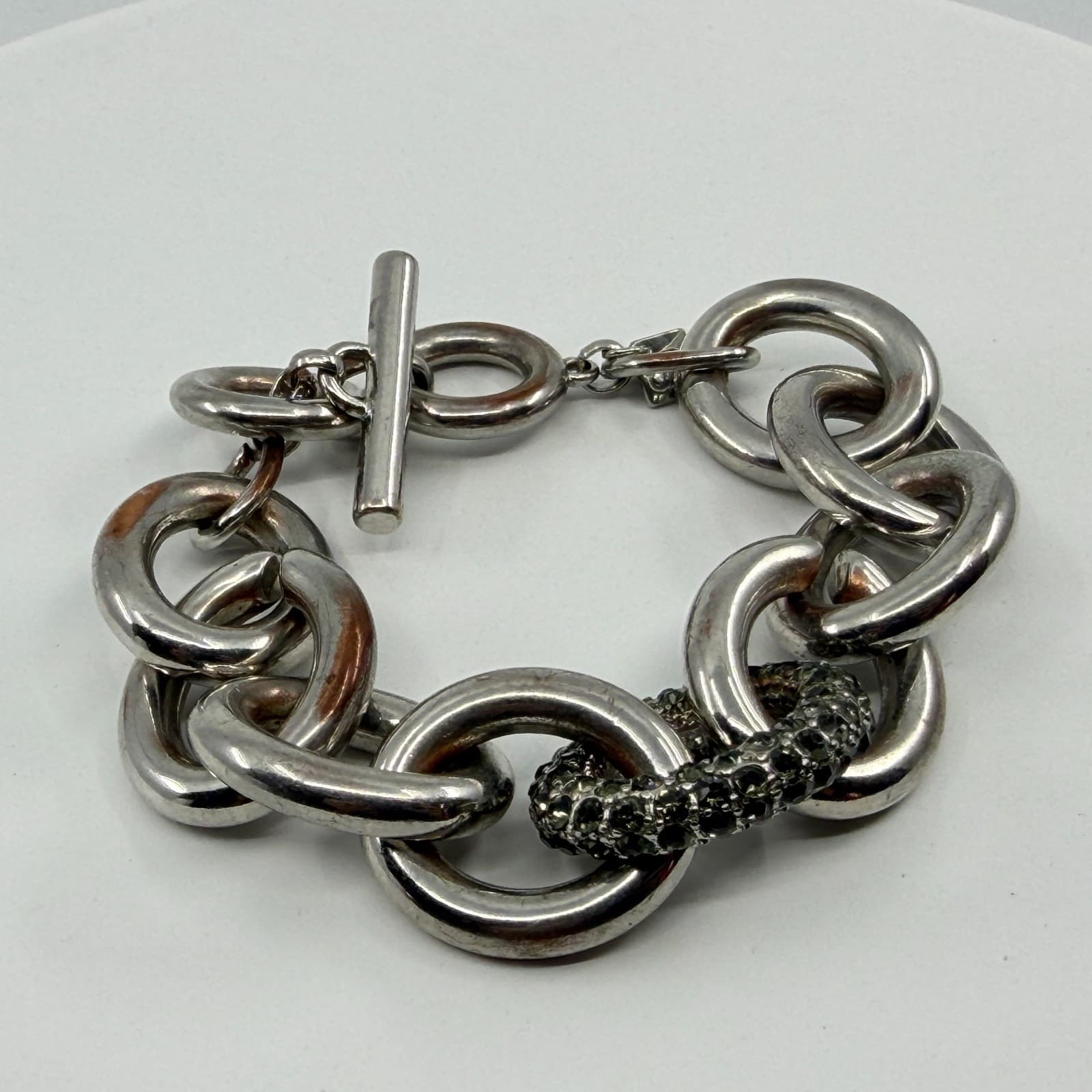 Chunky Silver Tone Link Bracelet with Crystal Encrusted Accent Statement Jewelry - Thumbnail 6