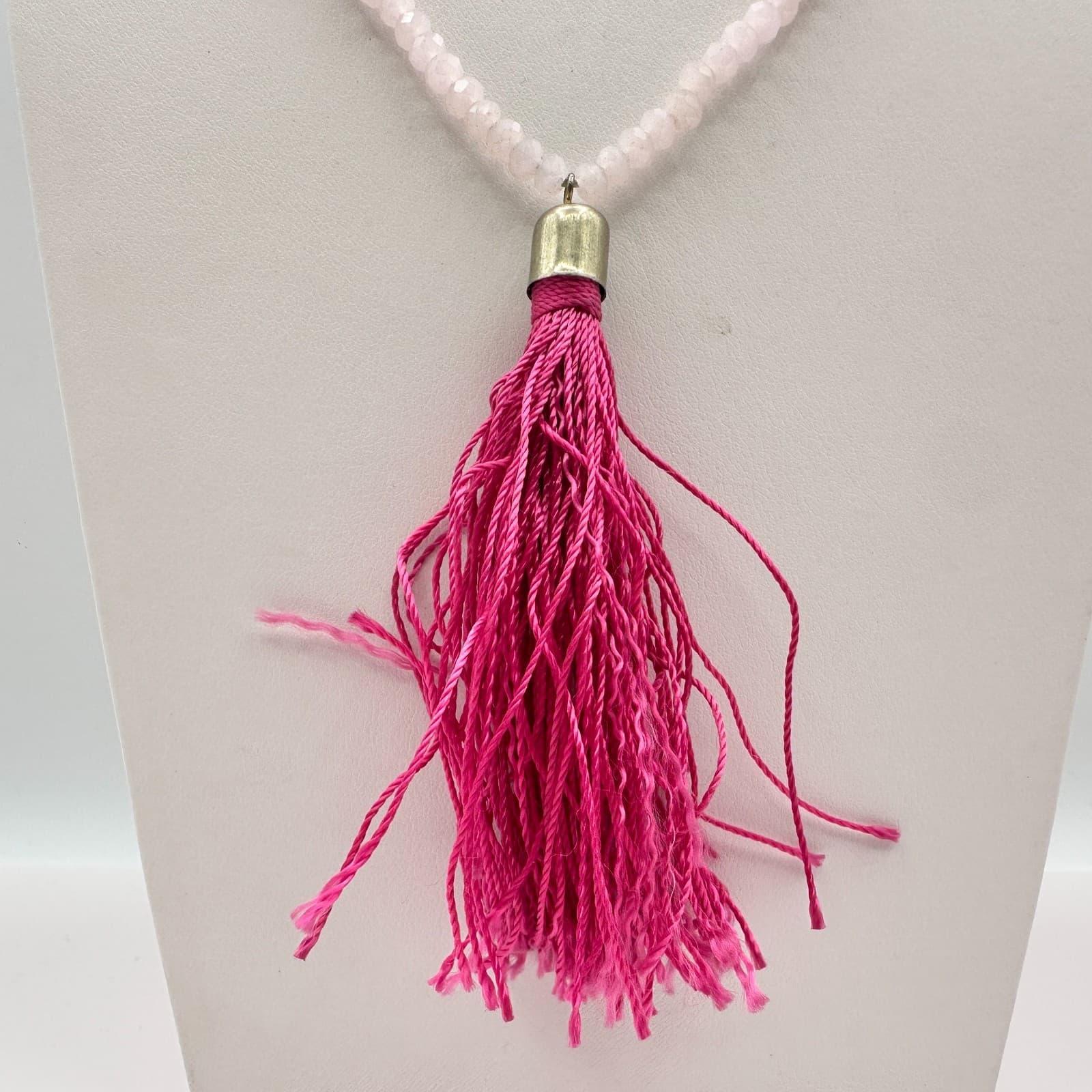 Vintage Y2K Pink Tassel Necklace Boho Statement Rose Quartz Beaded Jewelry Y2K - Thumbnail 3