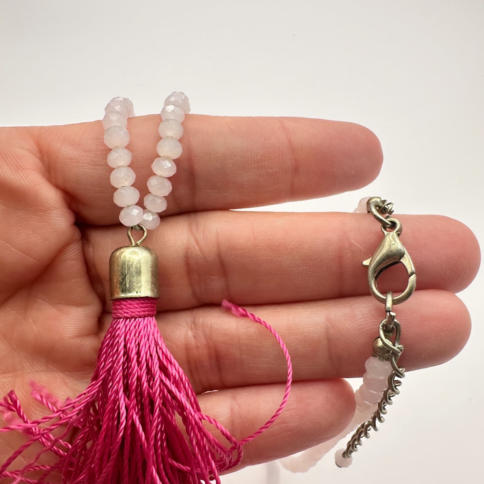 Vintage Y2K Pink Tassel Necklace Boho Statement Rose Quartz Beaded Jewelry Y2K - Thumbnail 8