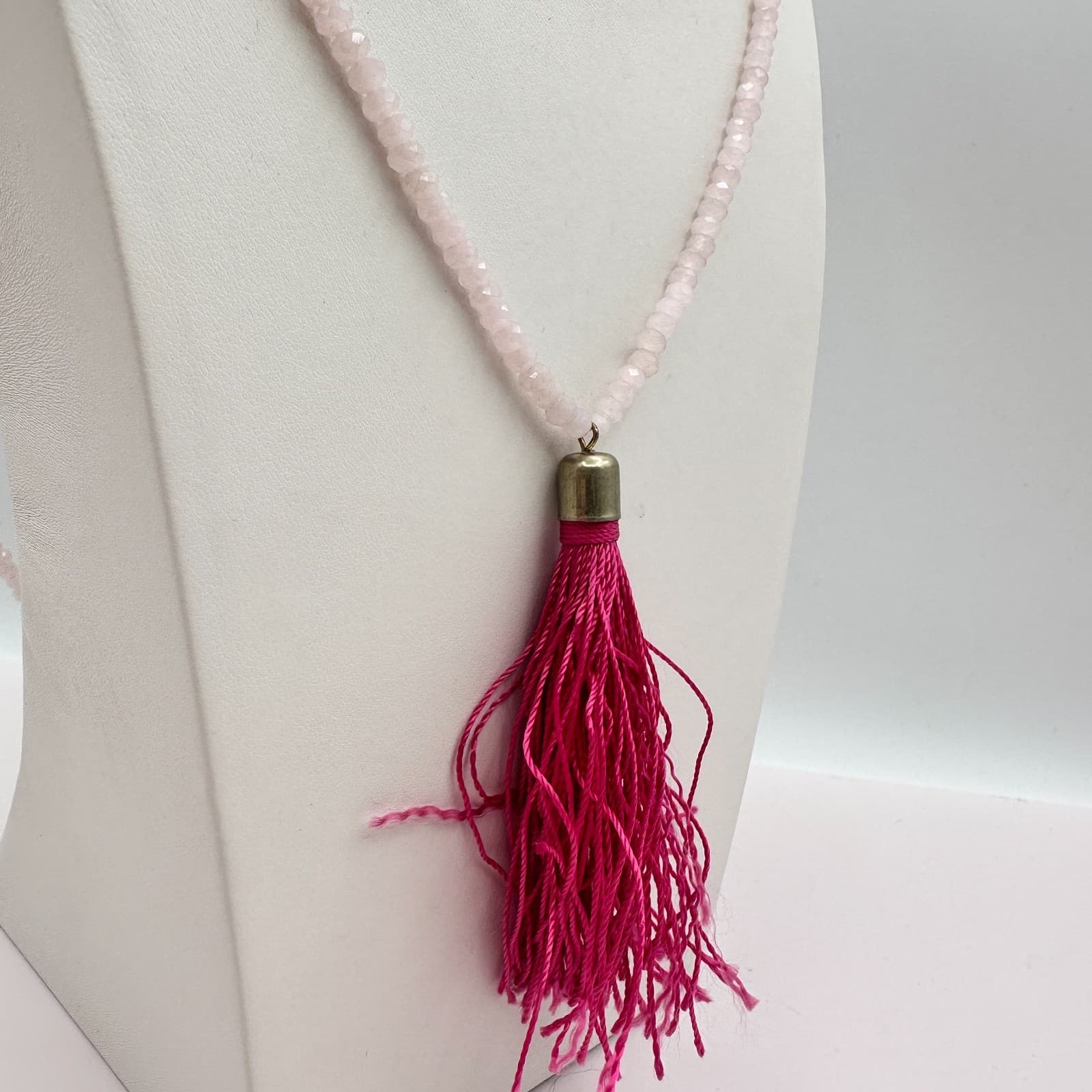 Vintage Y2K Pink Tassel Necklace Boho Statement Rose Quartz Beaded Jewelry Y2K - Thumbnail 6
