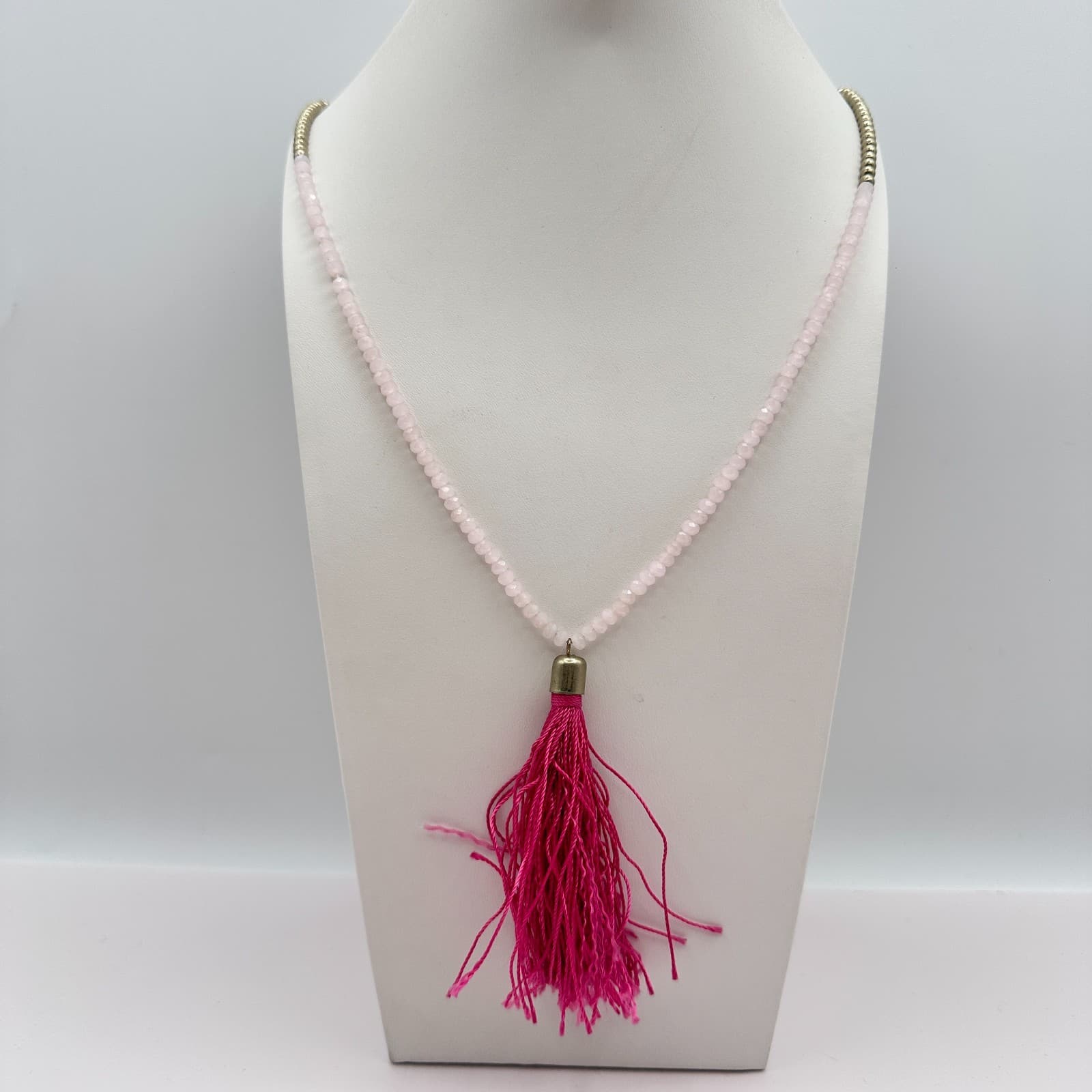 Vintage Y2K Pink Tassel Necklace Boho Statement Rose Quartz Beaded Jewelry Y2K - Thumbnail 2