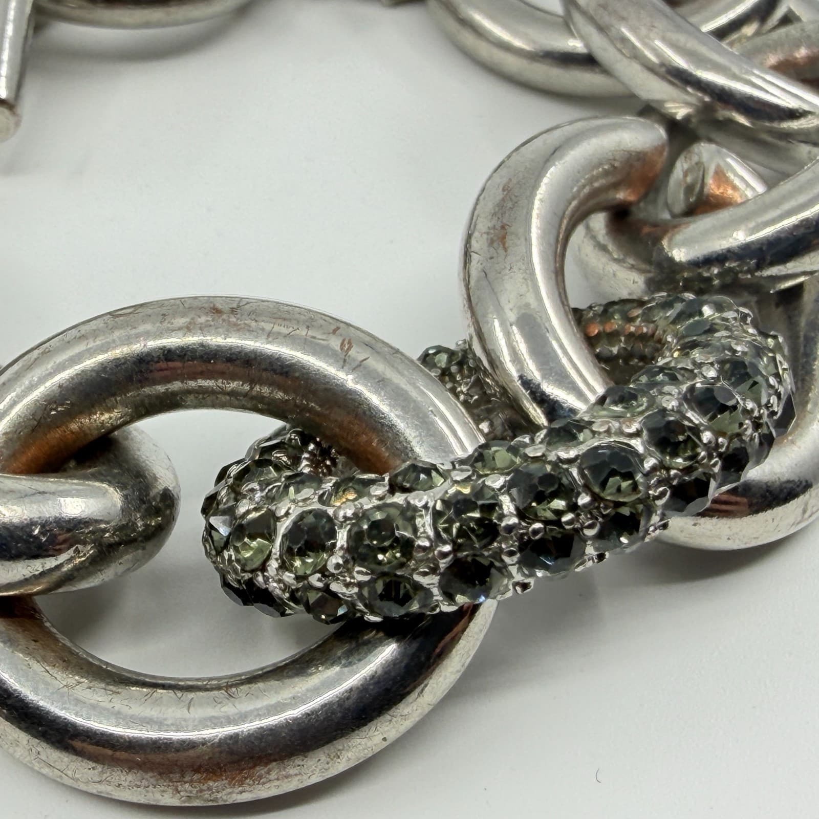 Chunky Silver Tone Link Bracelet with Crystal Encrusted Accent Statement Jewelry - Thumbnail 2