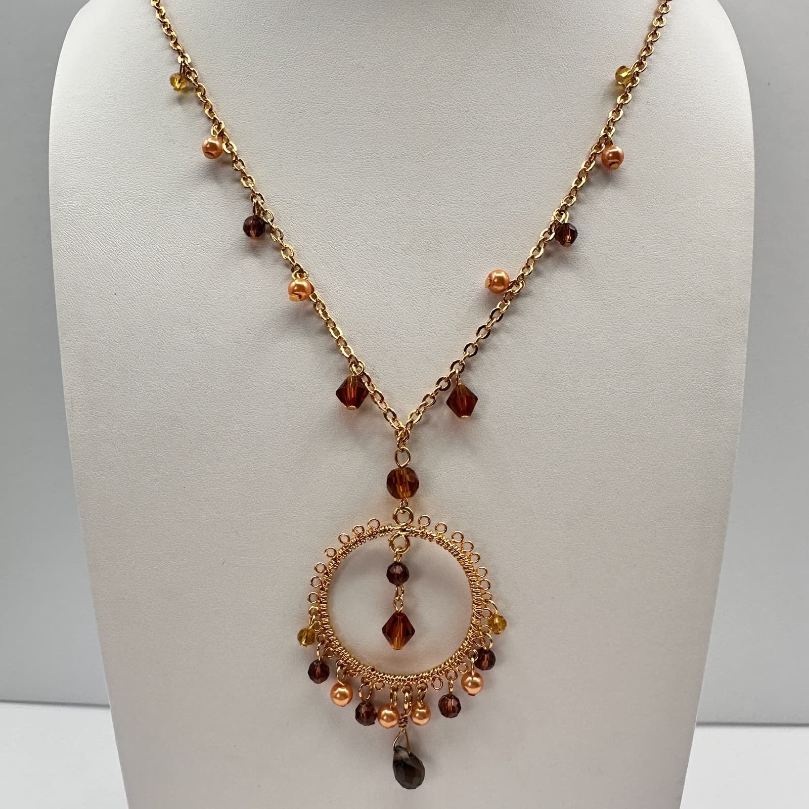 Vintage 90s Amber Glass Gold Tone Round Pendant Necklace Boho Women's Jewelry - Thumbnail 2
