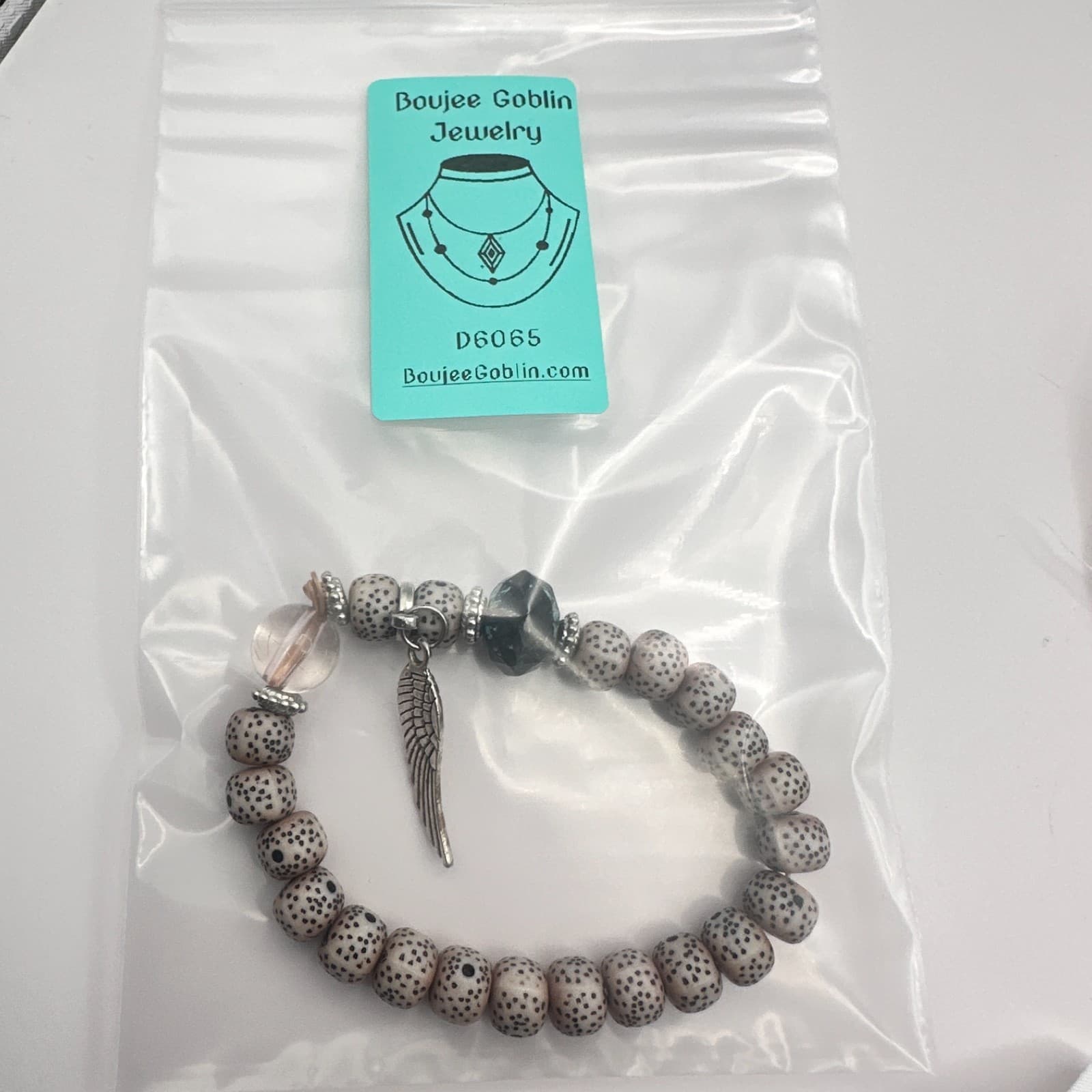 Vintage 80s Spotted Seed Bodhi Bead Bracelet Silver Tone Wing Charm Zen Jewelry - Thumbnail 7