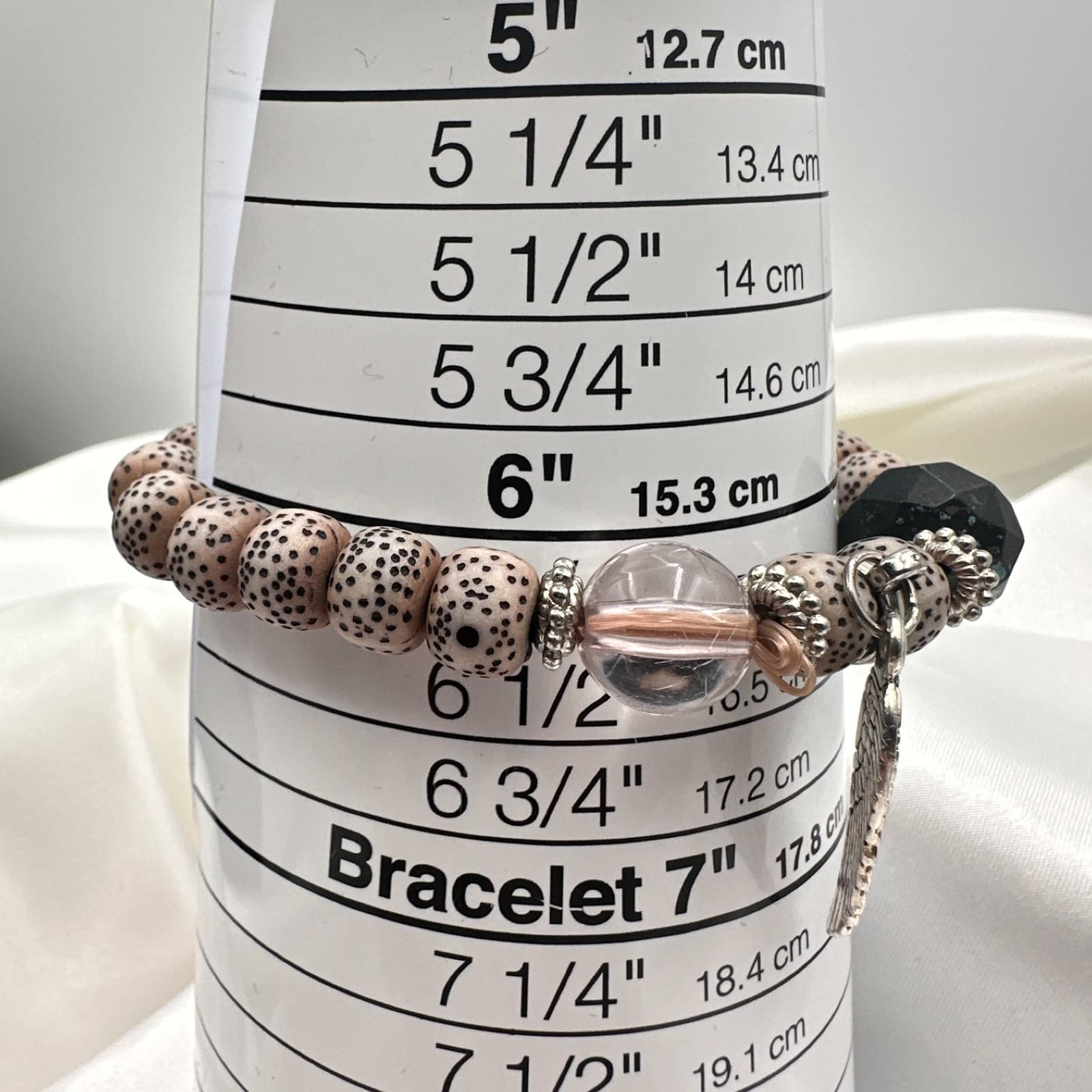 Vintage 80s Spotted Seed Bodhi Bead Bracelet Silver Tone Wing Charm Zen Jewelry - Thumbnail 8