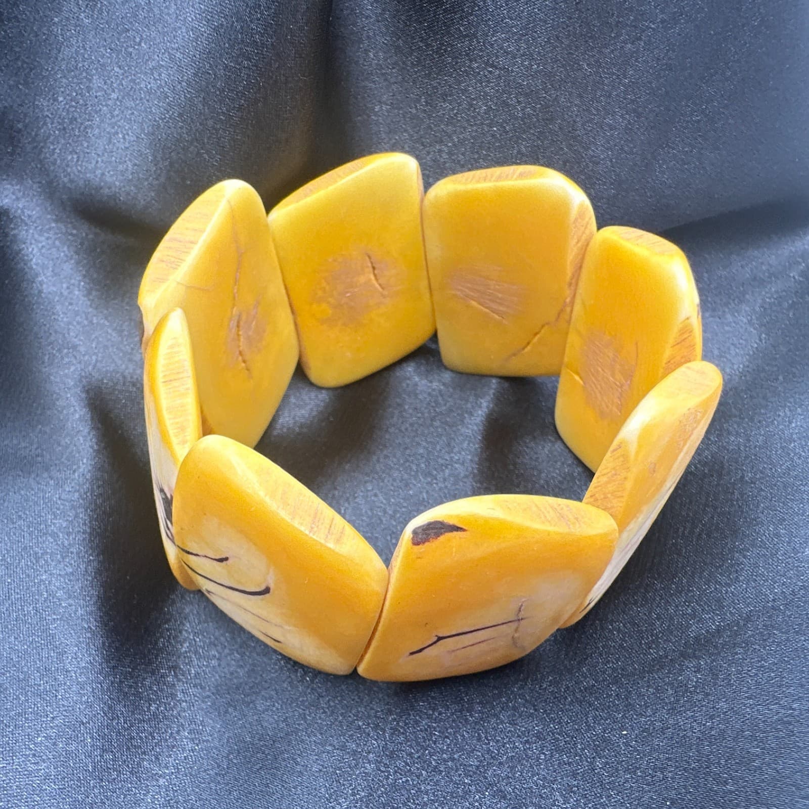 Vintage 80s Yellow Tagus Nut Stretch Bracelet Sustainable Ethnic Jewelry - Thumbnail 8