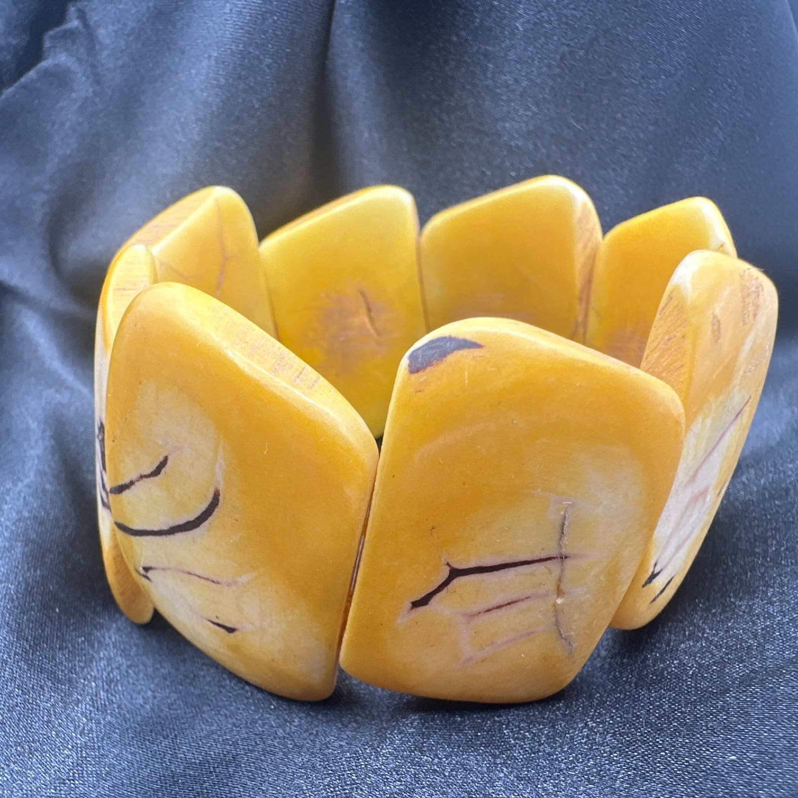 Vintage 80s Yellow Tagus Nut Stretch Bracelet Sustainable Ethnic Jewelry - Thumbnail 7
