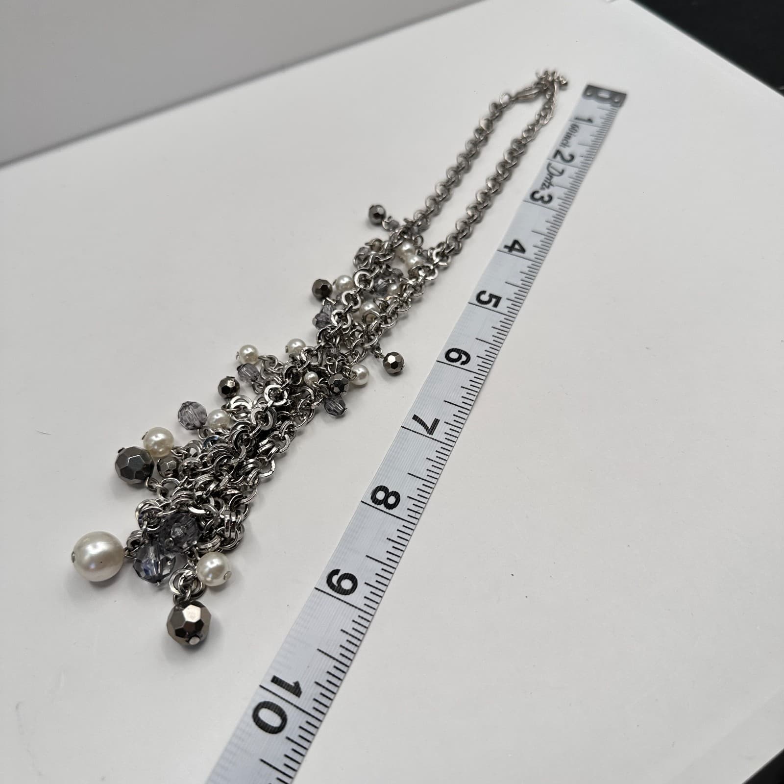 Vintage 90s Silver Tone Bib Necklace Faux Pearl Beaded Charm Women's Jewelry 90s - Thumbnail 10