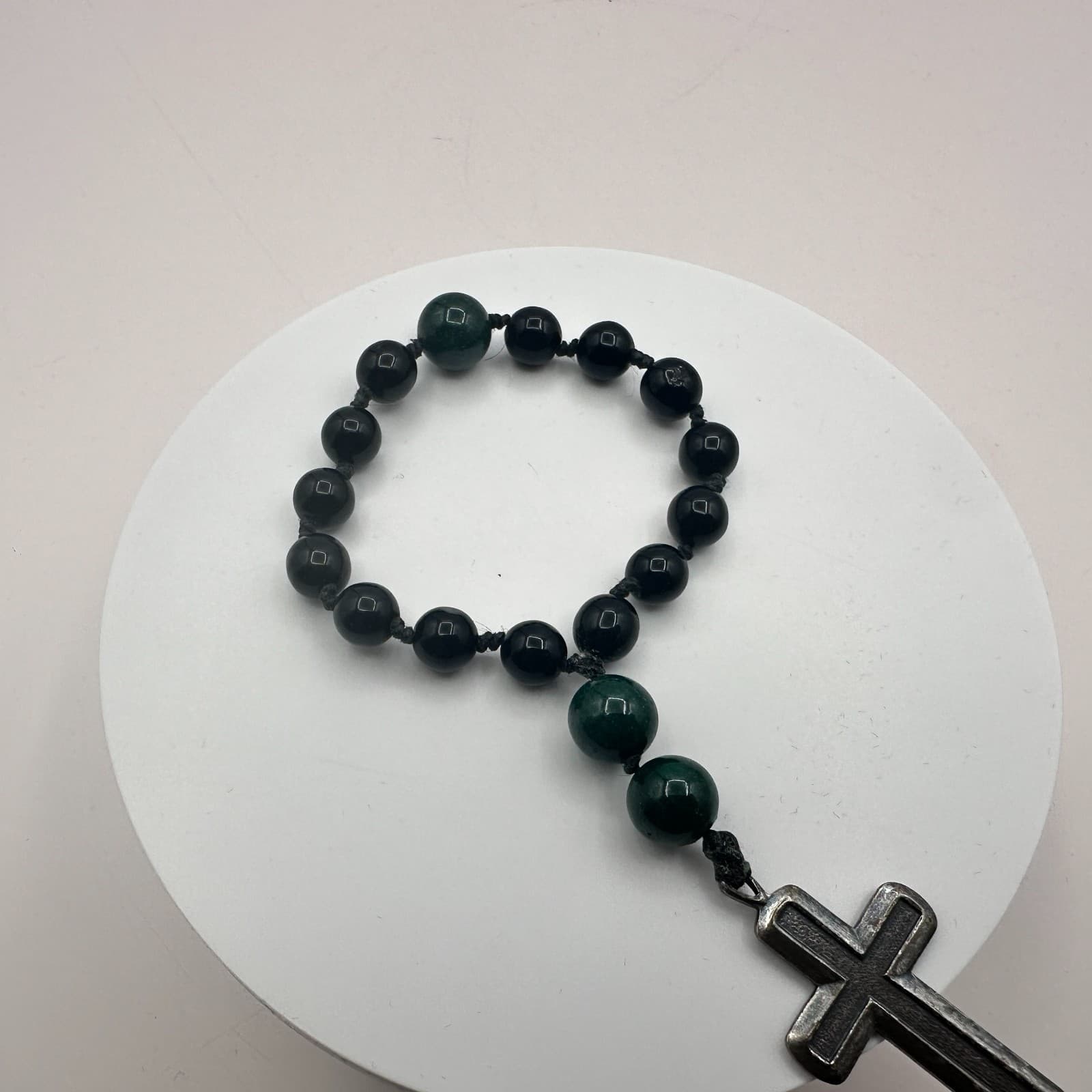 Vintage 90s Glass Beaded Rosary Bracelet SilverTone Cross Boho Religious Jewelry - Thumbnail 2