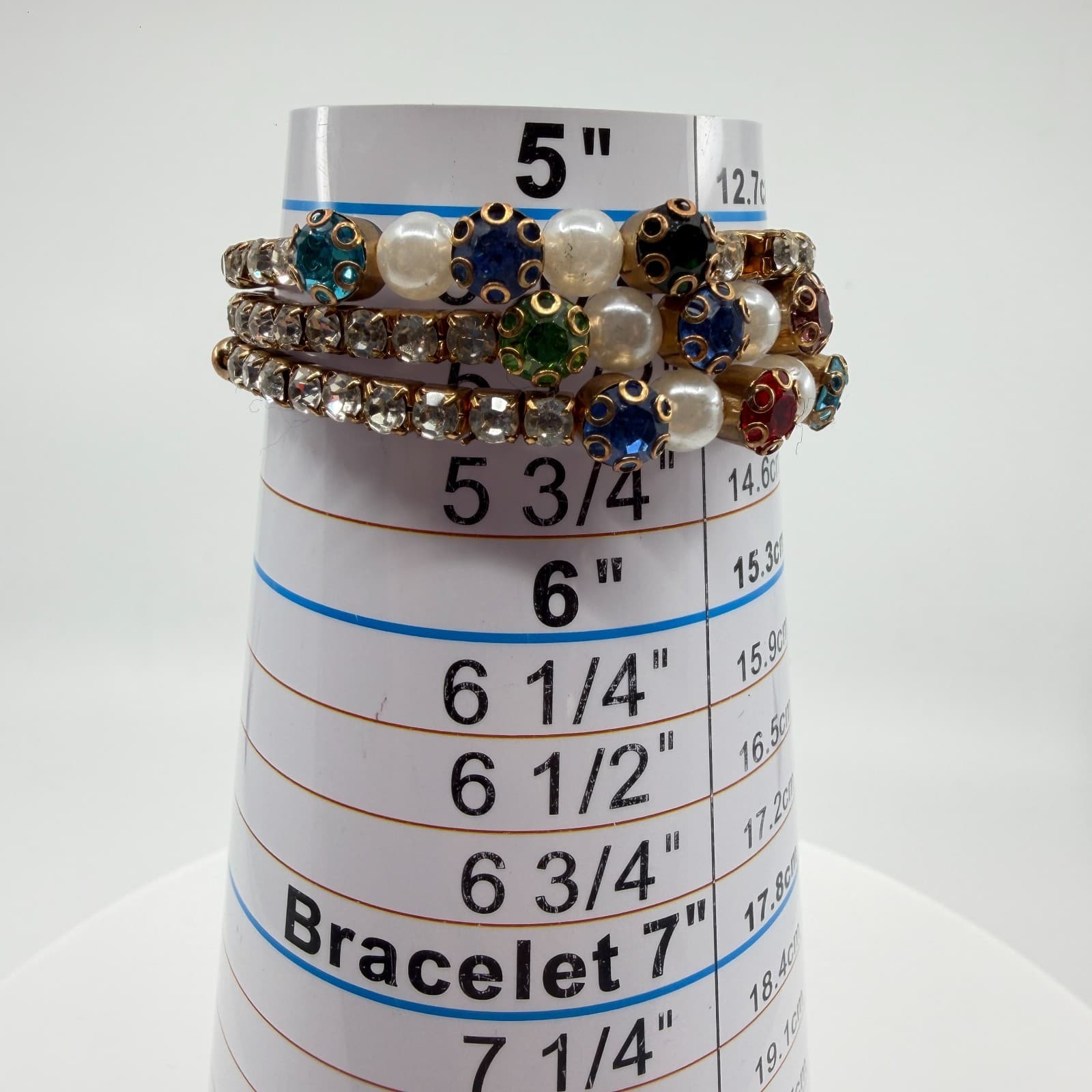 Multi-Color Rhinestone Pearl Stretch Bracelet Gold Tone Stackable Layered Look - Thumbnail 7