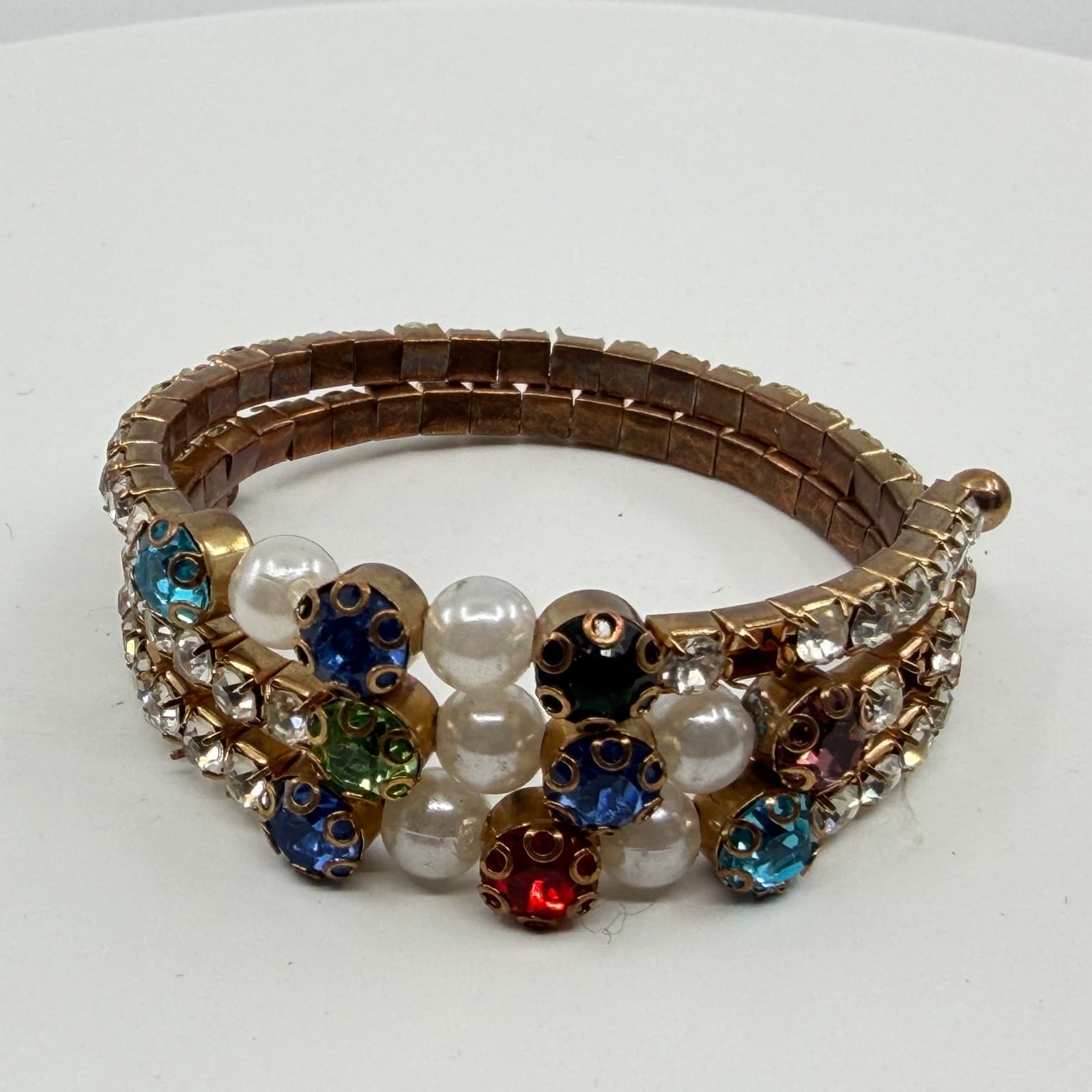 Multi-Color Rhinestone Pearl Stretch Bracelet Gold Tone Stackable Layered Look - Thumbnail 3