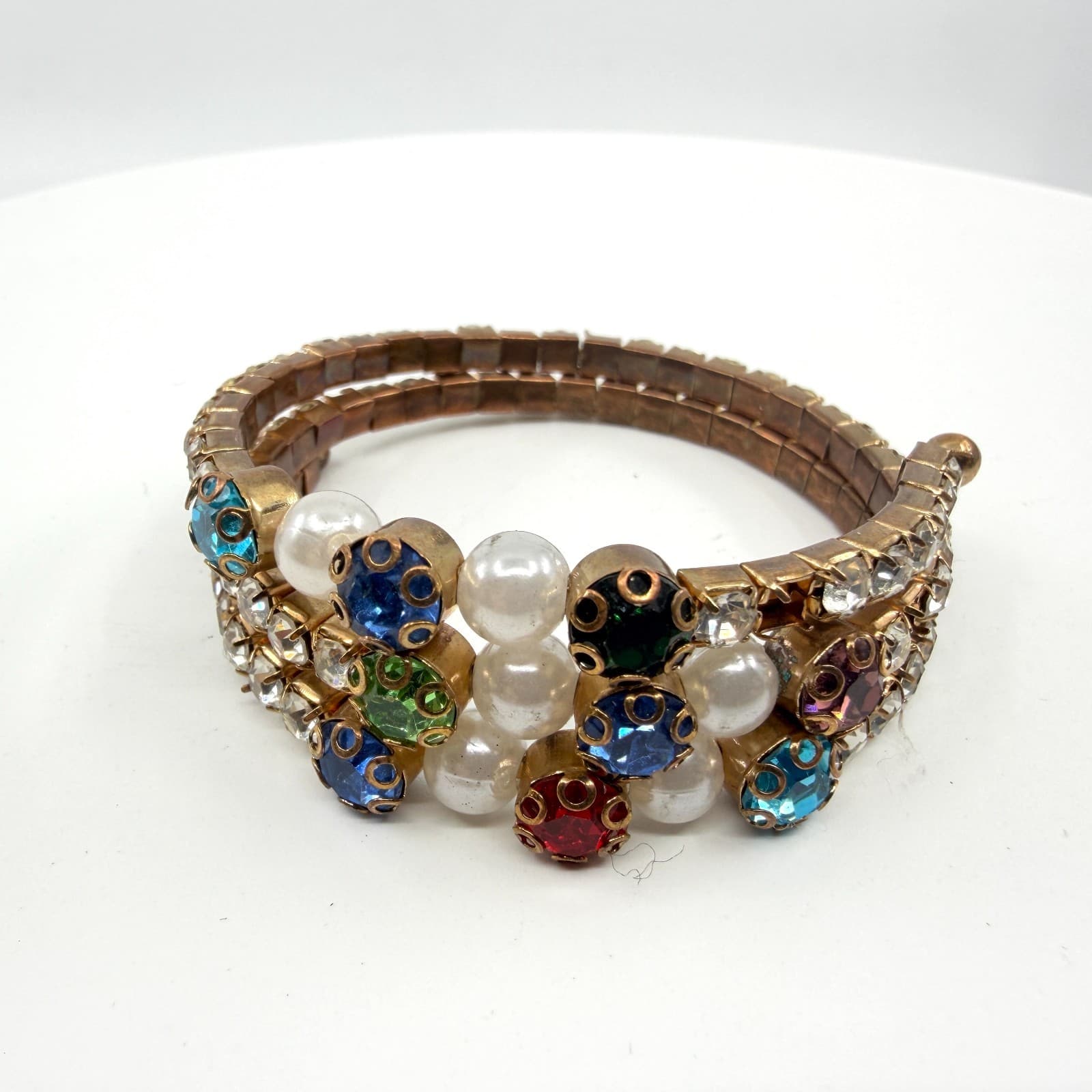 Multi-Color Rhinestone Pearl Stretch Bracelet Gold Tone Stackable Layered Look - Thumbnail 2