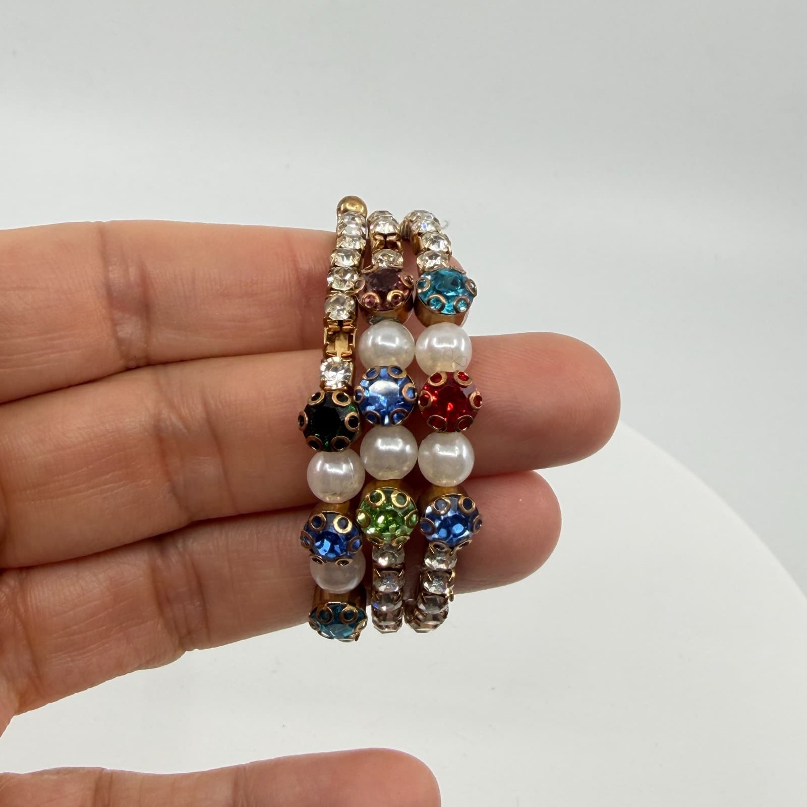 Multi-Color Rhinestone Pearl Stretch Bracelet Gold Tone Stackable Layered Look - Thumbnail 6