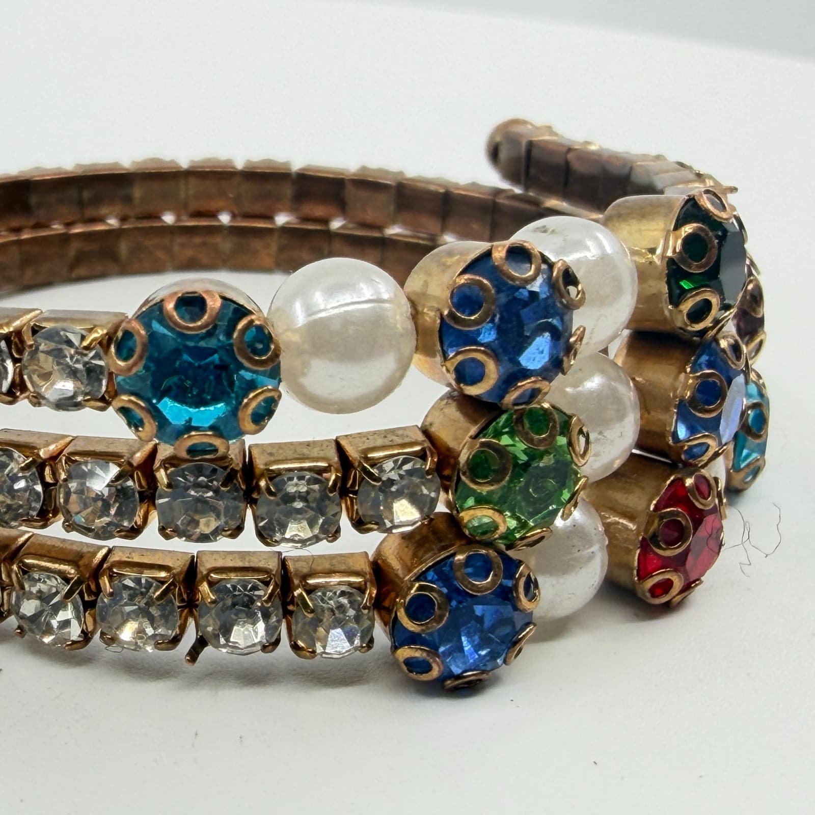 Multi-Color Rhinestone Pearl Stretch Bracelet Gold Tone Stackable Layered Look - Thumbnail 4