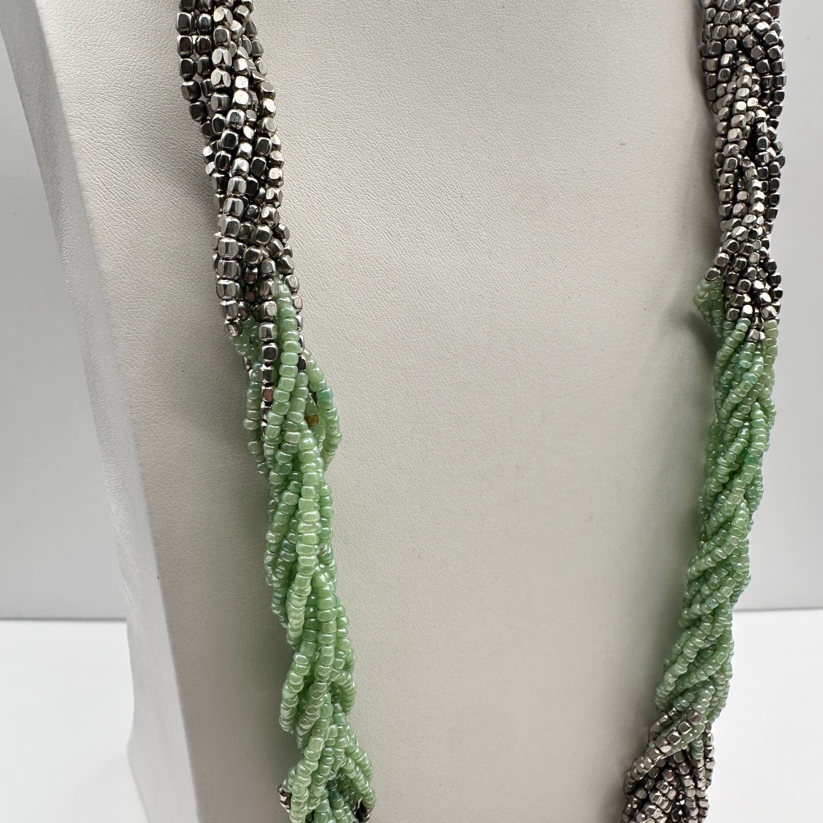 Vintage 90s Multi Strand Mint Green Glass Seed Bead Silver Tone Torsade Necklace - Thumbnail 7