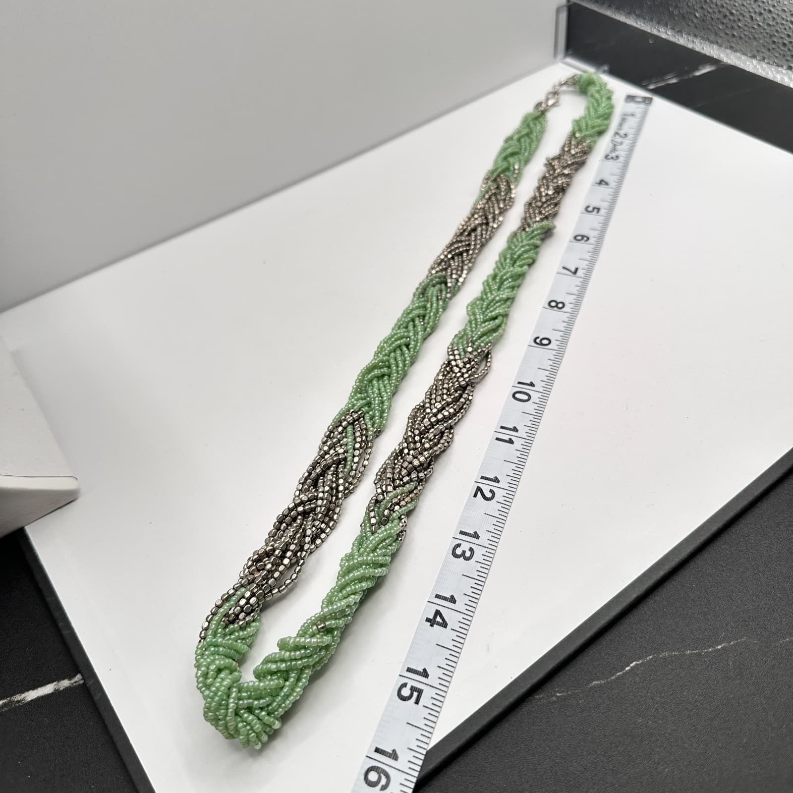 Vintage 90s Multi Strand Mint Green Glass Seed Bead Silver Tone Torsade Necklace - Thumbnail 10