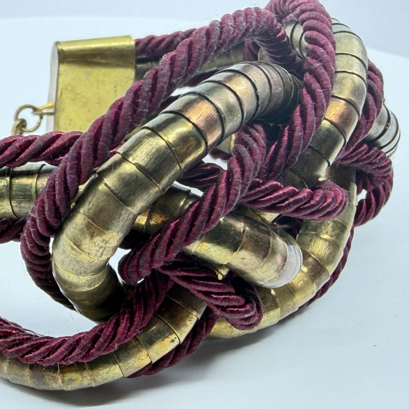 Bold Statement Knot Bracelet Burgundy Cord & Gold Tone Metal Chunky Boho Jewelry - Thumbnail 4