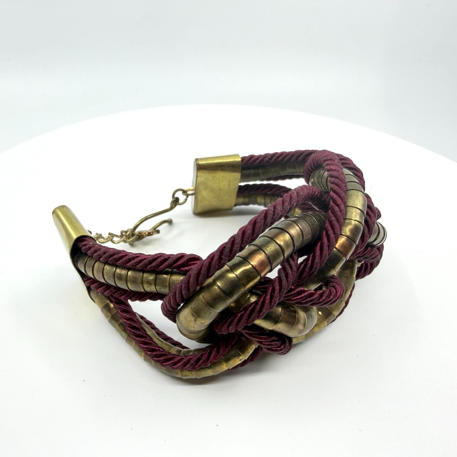 Bold Statement Knot Bracelet Burgundy Cord & Gold Tone Metal Chunky Boho Jewelry - Thumbnail 3