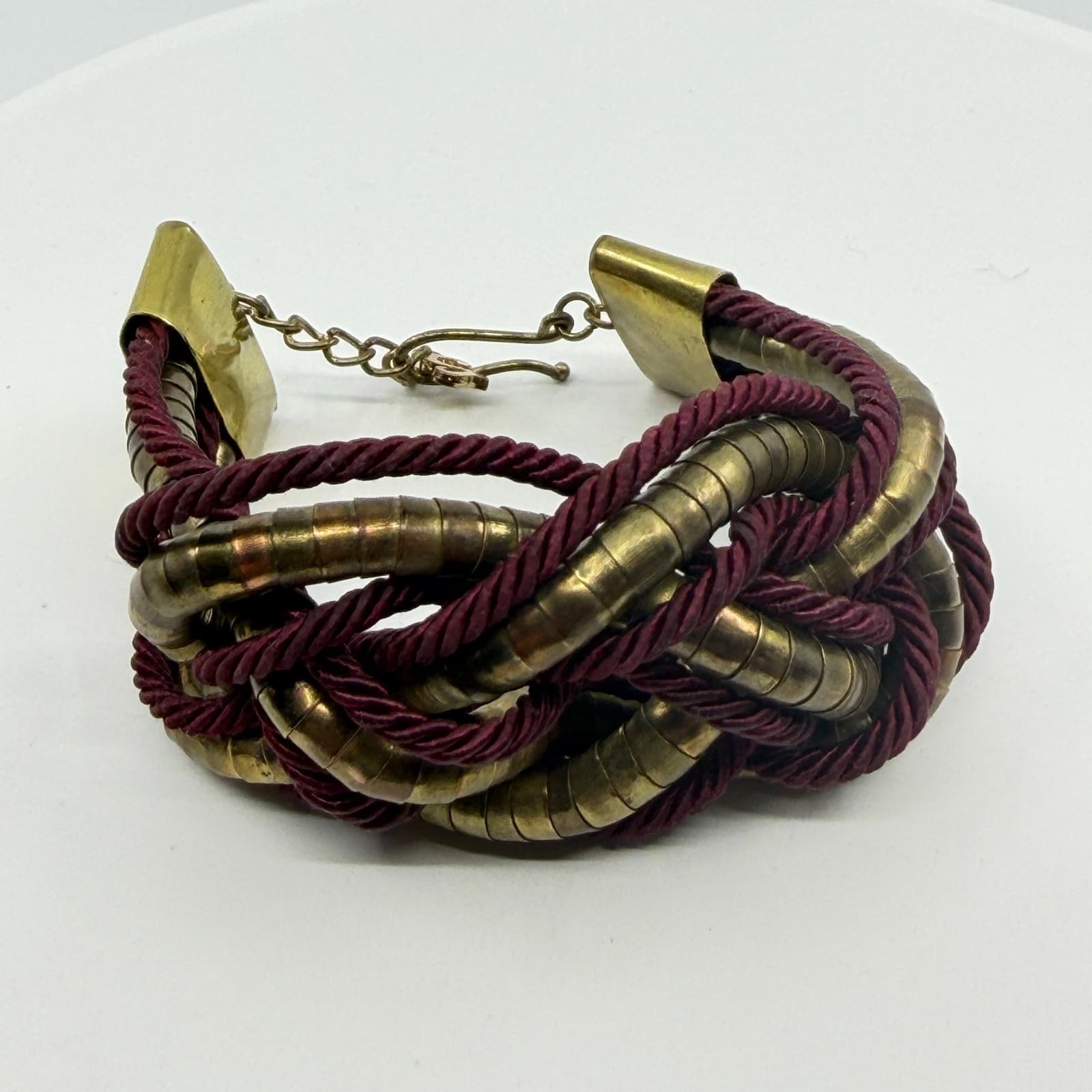 Bold Statement Knot Bracelet Burgundy Cord & Gold Tone Metal Chunky Boho Jewelry - Thumbnail 7