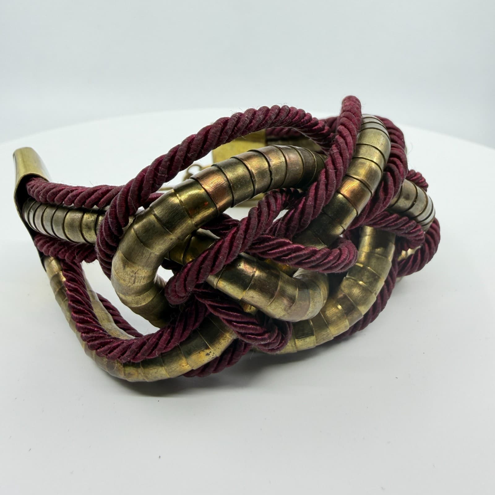 Bold Statement Knot Bracelet Burgundy Cord & Gold Tone Metal Chunky Boho Jewelry - Thumbnail 2