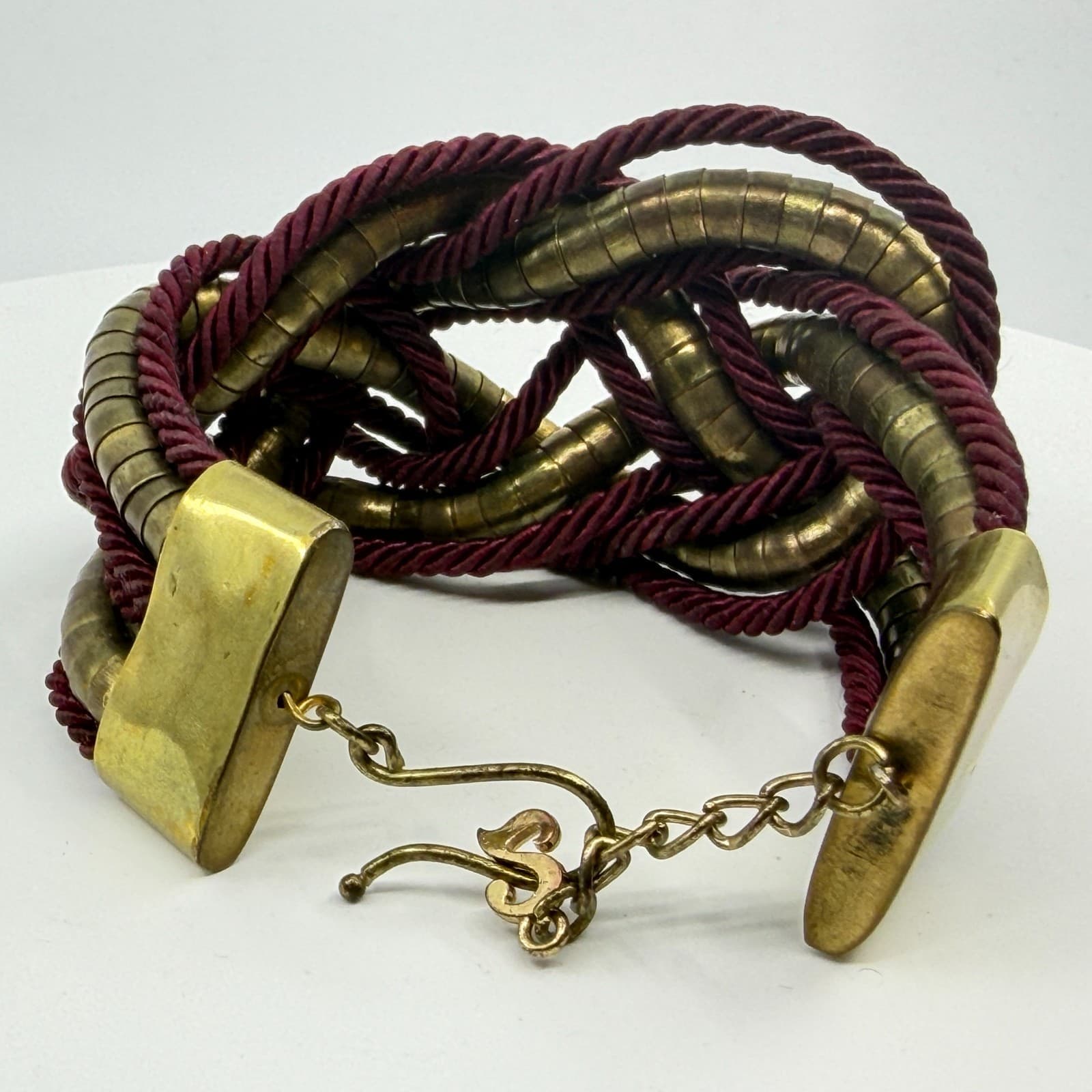 Bold Statement Knot Bracelet Burgundy Cord & Gold Tone Metal Chunky Boho Jewelry - Thumbnail 5