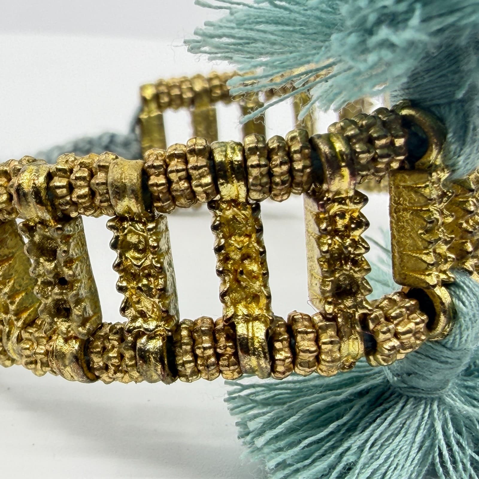 Boho Tassel Bracelet Gold Tone Metal Texture Adjustable Blue Green Fiber Jewelry - Thumbnail 5