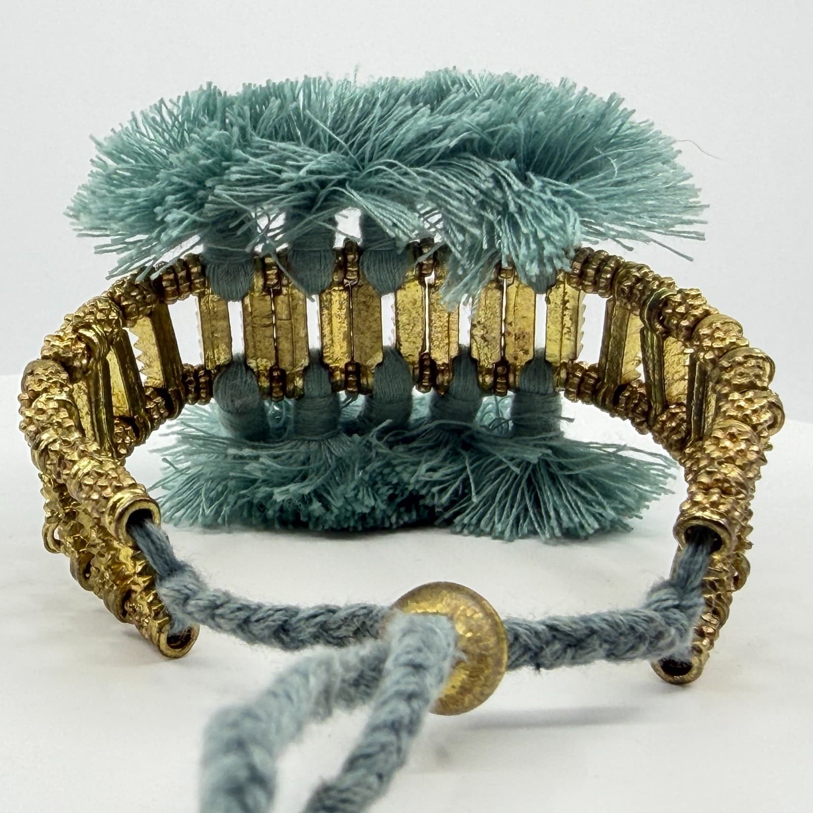 Boho Tassel Bracelet Gold Tone Metal Texture Adjustable Blue Green Fiber Jewelry - Thumbnail 8