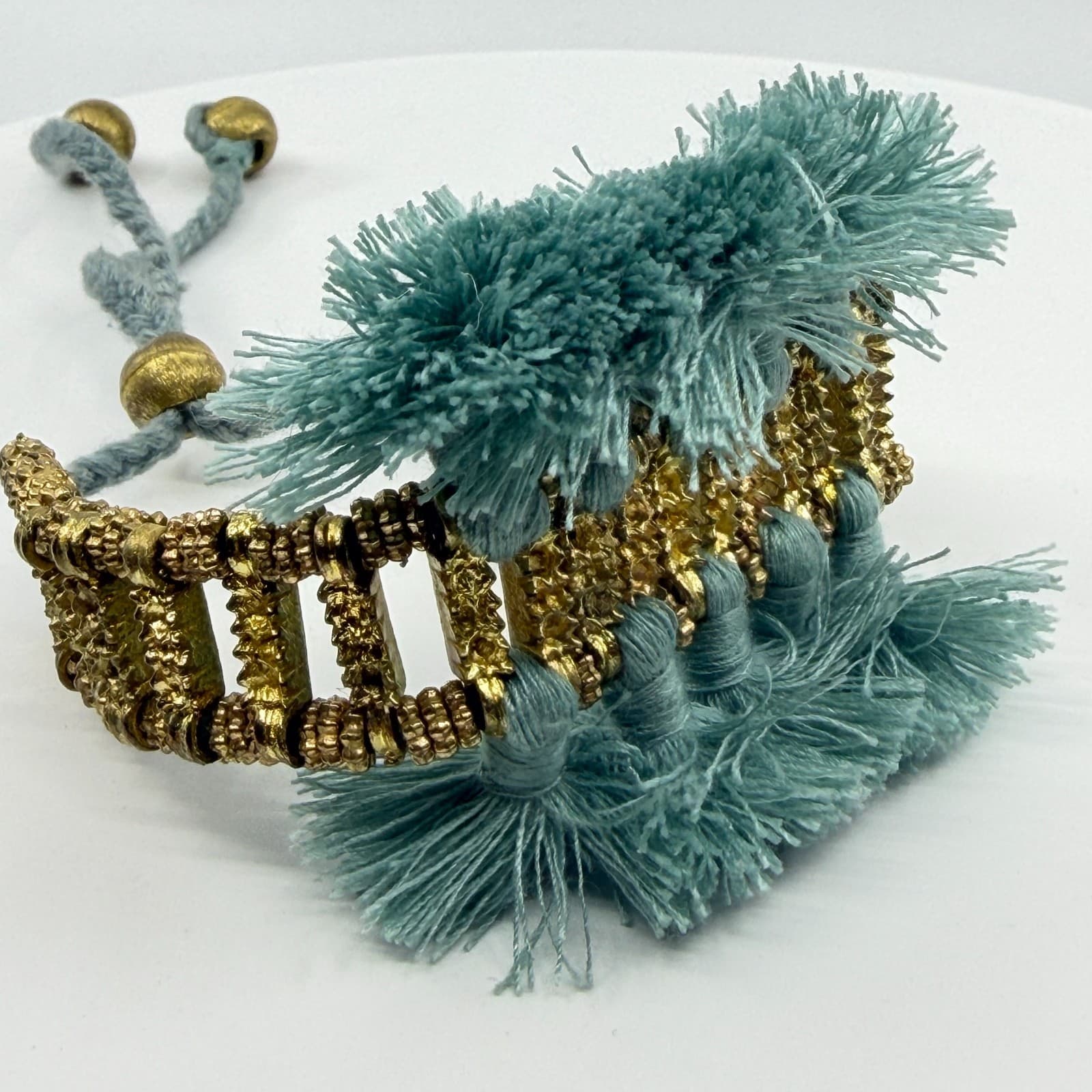 Boho Tassel Bracelet Gold Tone Metal Texture Adjustable Blue Green Fiber Jewelry - Thumbnail 2