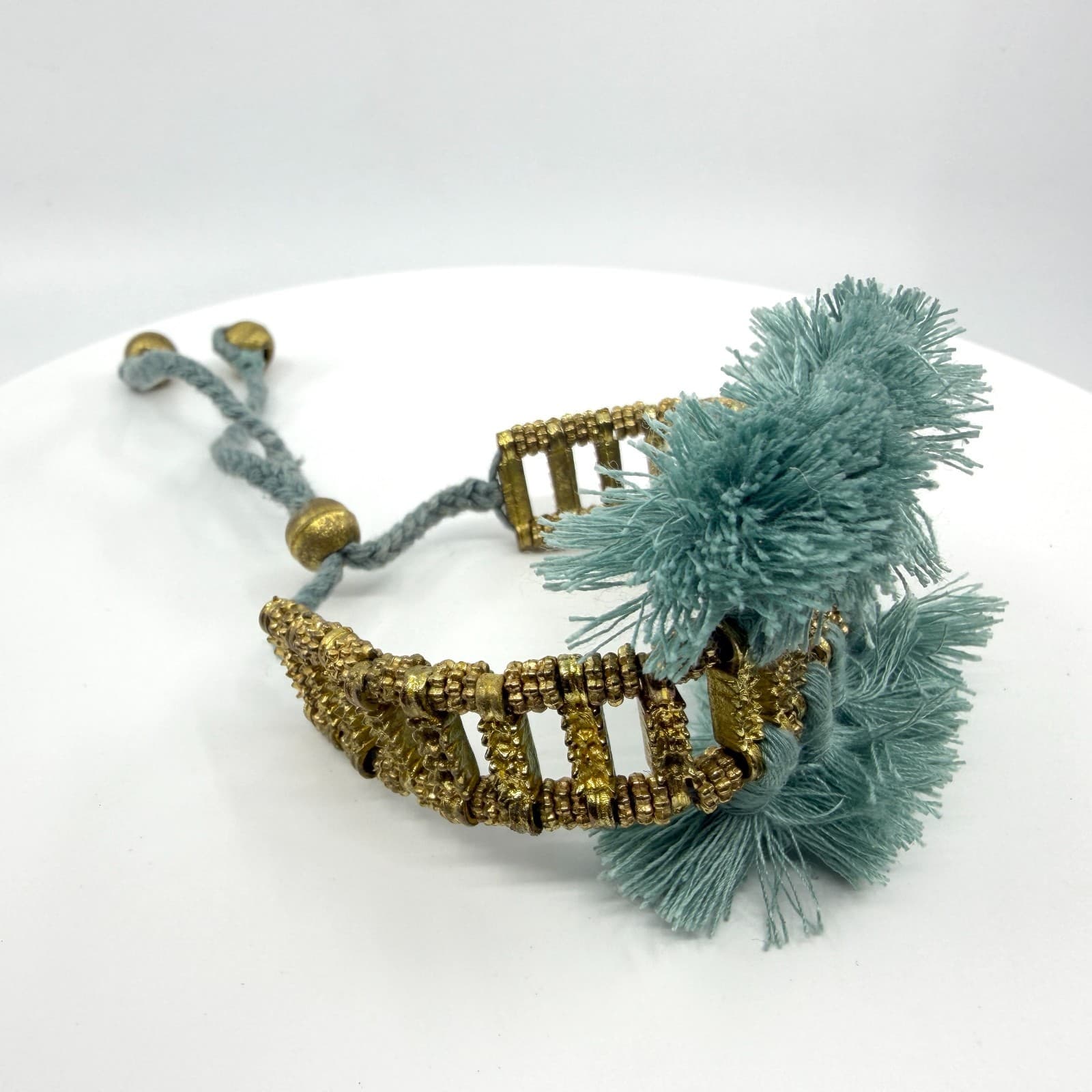 Boho Tassel Bracelet Gold Tone Metal Texture Adjustable Blue Green Fiber Jewelry - Thumbnail 3