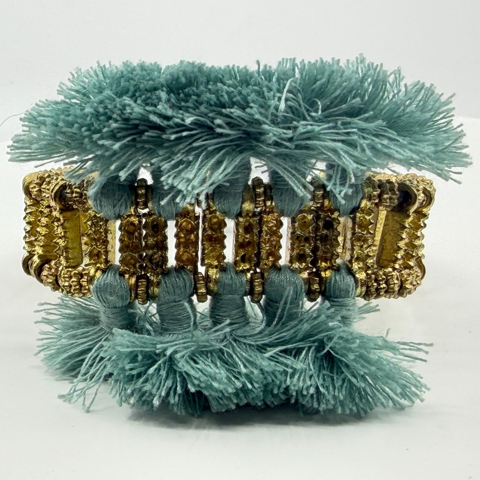 Boho Tassel Bracelet Gold Tone Metal Texture Adjustable Blue Green Fiber Jewelry - Thumbnail 6