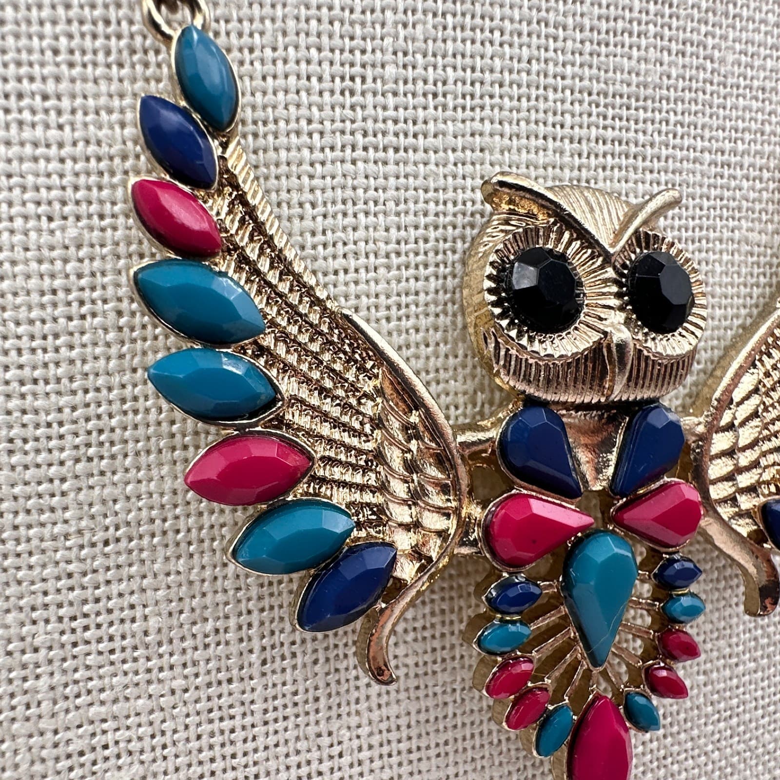 Vintage Y2K Gold Tone Beaded Owl Wings Pendant Necklace Boho Women's Jewelry 90s - Thumbnail 4