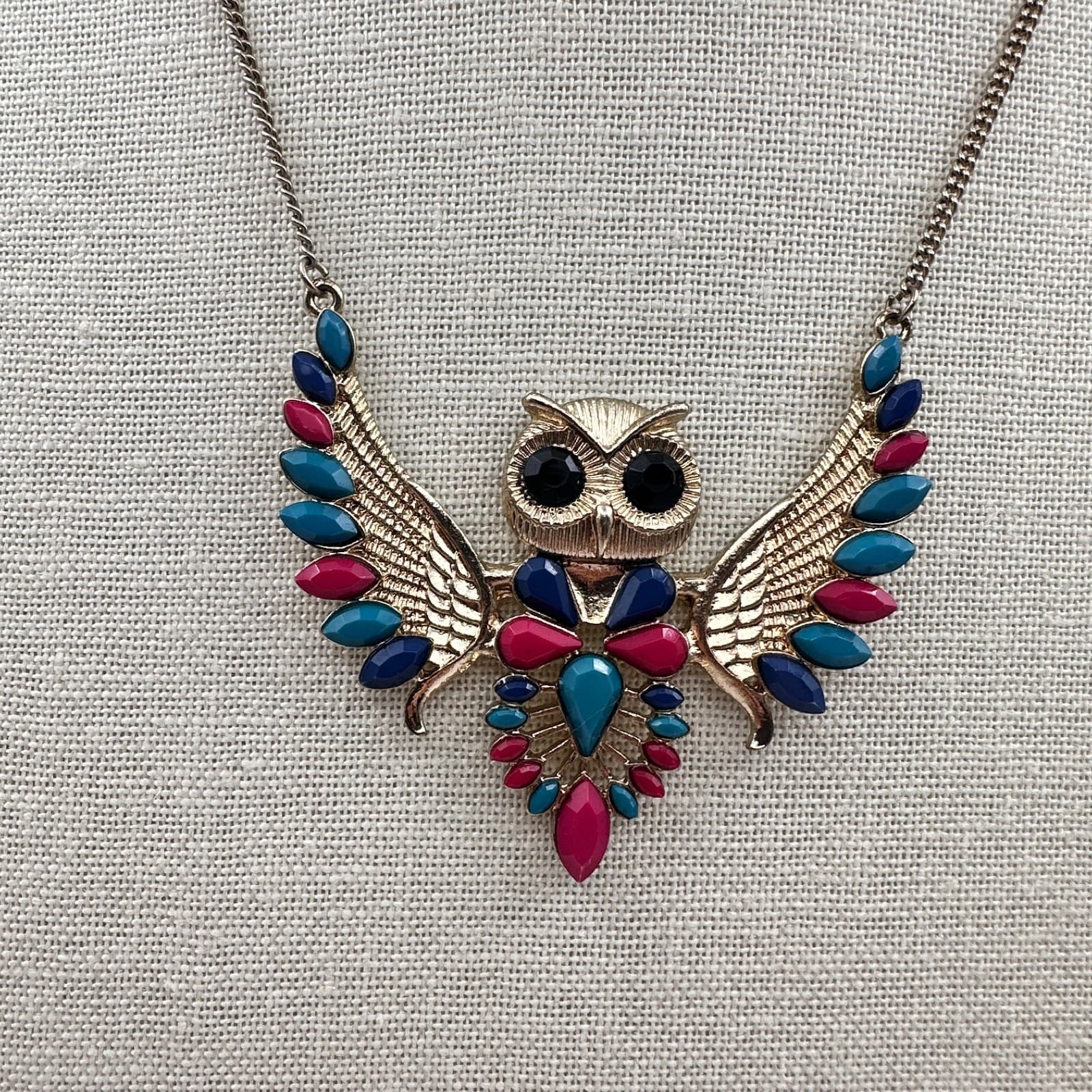 Vintage Y2K Gold Tone Beaded Owl Wings Pendant Necklace Boho Women's Jewelry 90s - Thumbnail 3