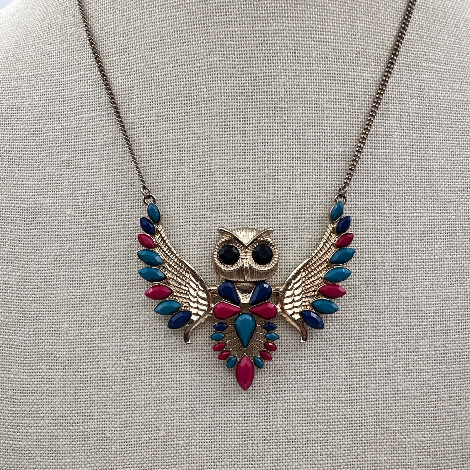 Vintage Y2K Gold Tone Beaded Owl Wings Pendant Necklace Boho Women's Jewelry 90s - Thumbnail 7